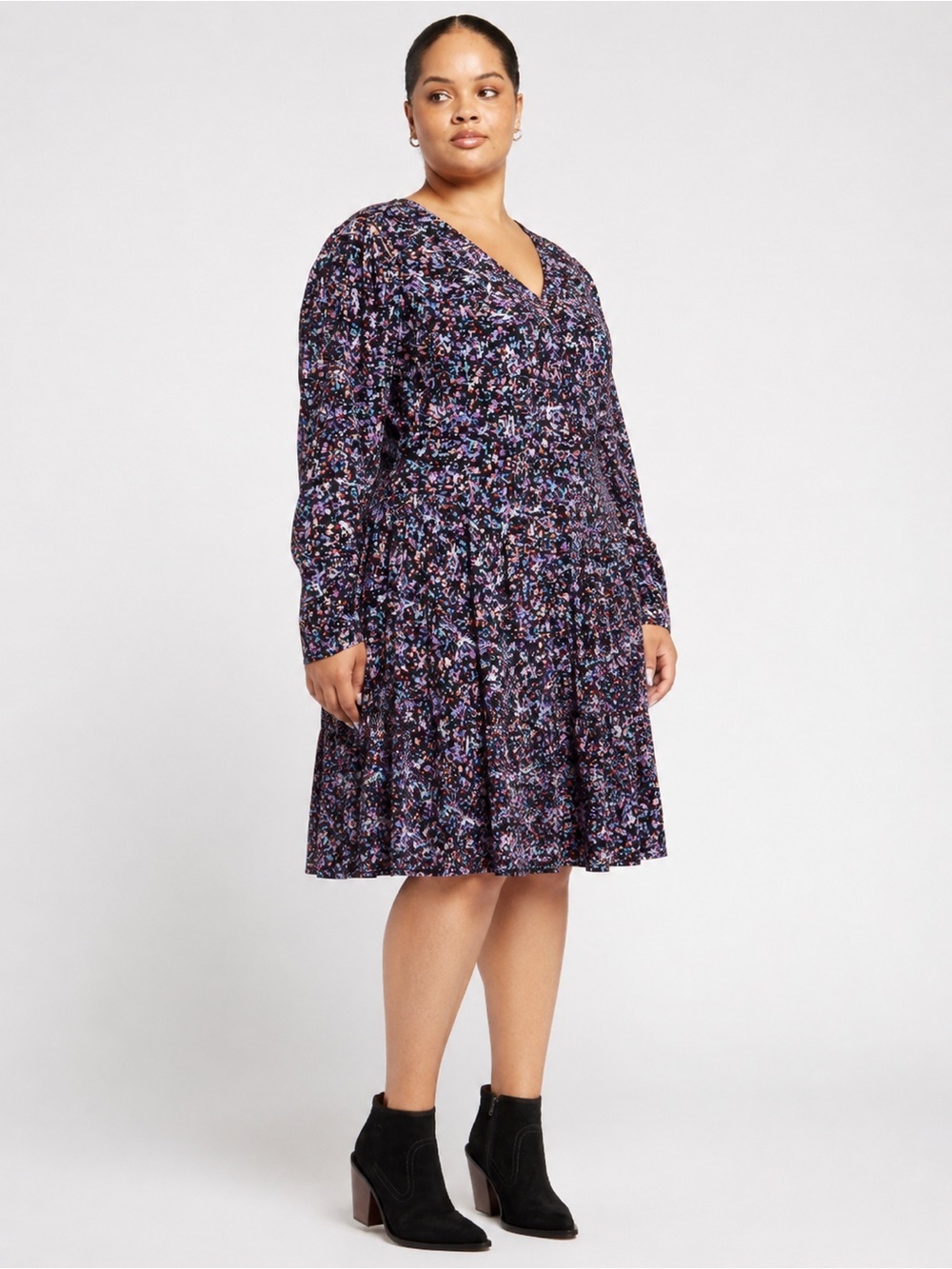 Penningtons 1X Floral Fit & Flare Dress Long Sleeve V Neck A-Line Wedding Guest